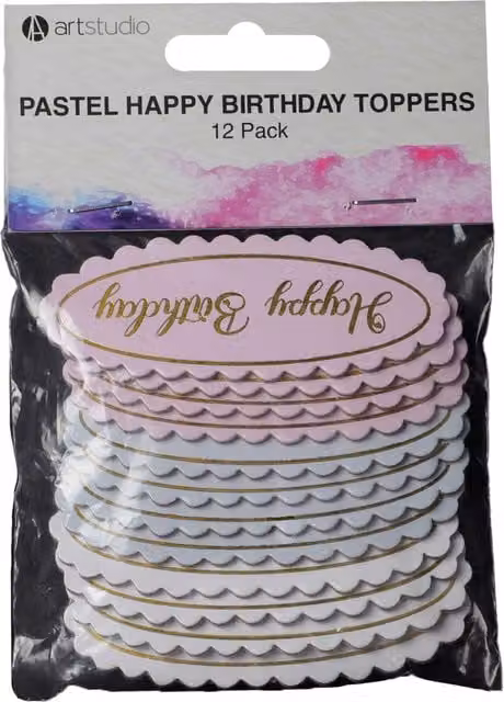 Art Studio Pack of 12 Multicolour and Gold Pastel Happy Birthday Paper Cake Toppers