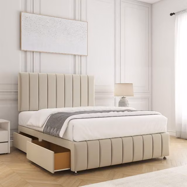 BSSPOKE Sierra Divan Bed with 24 Inch Headboard, 2 Drawers, Footend and Mattress in Beige Plush Velvet, Small Double, W/D/H: 120 x 200 cm
