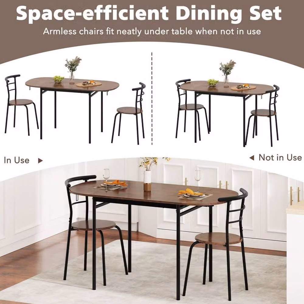 KORVIXA 3 Piece Industrial Drop Leaf Dining Set in Brown and Black, W: 100 cm, H: 77 cm – 3