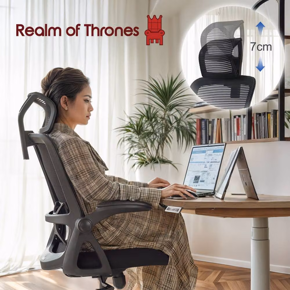 Realm of Thrones Black Mesh Office and Gaming Chair with Flip-Up Armrests and Adjustable Lumbar Support – 7