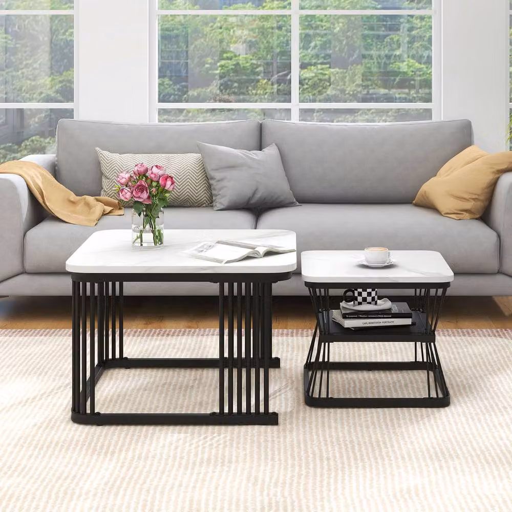 Merax Set of 2 Square Nesting Coffee Tables with White Marble Effect MDF Tops and Metal Frames – 3