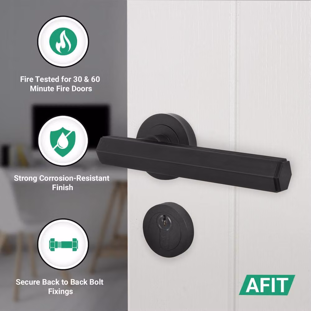 AFIT Black Fire Door Handle Euro Lock Thumbturn Cylinder Set with Hinges – 2