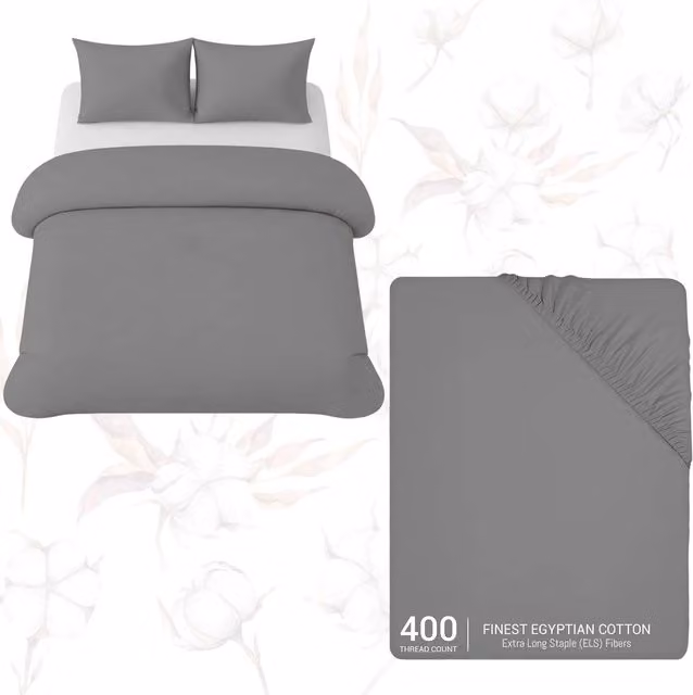 Pamposh 4 Piece Egyptian Cotton Double Duvet Set with Matching Fitted Sheet in Grey