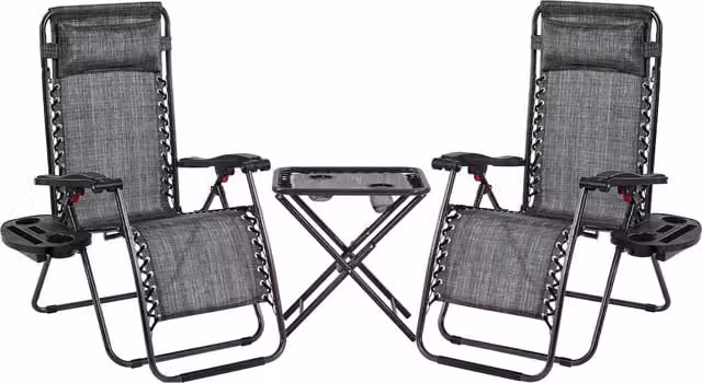 Yaheetech 3-Piece Grey Zero Gravity Garden Chair and Table Set with Armrests and Cup Holders