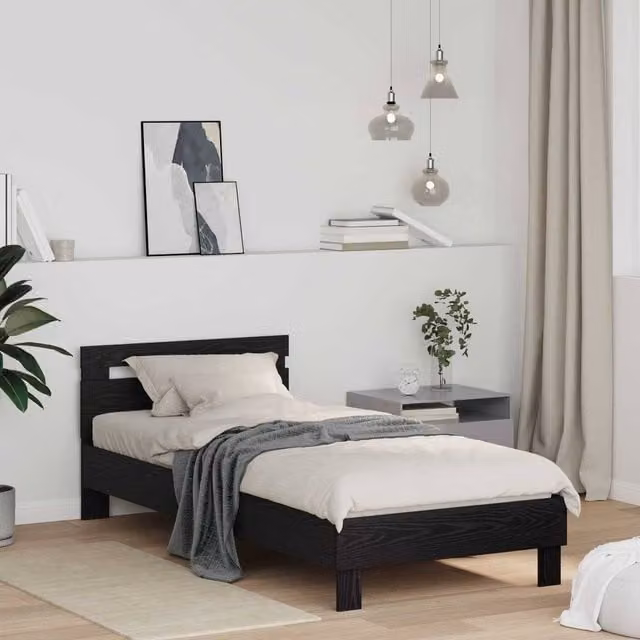 Berkfield Home Modern Black Oak Bed Frame in Engineered Wood W/D/H: 190 x 75 x 31 cm