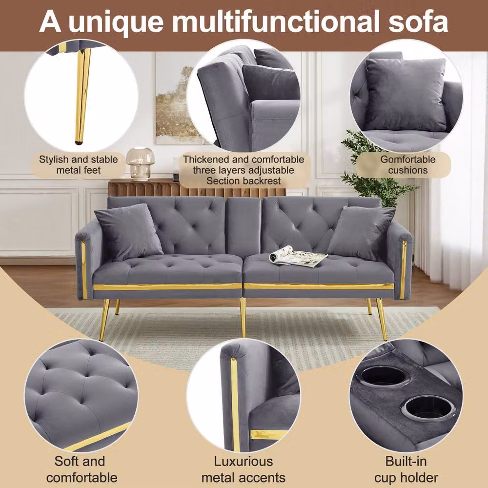 BTM 2 Seater Convertible Velvet Sofa Bed in Grey with Adjustable Headrest and Cup Holders, W/D/H: 174 x 76 x 71.5 cm – 5