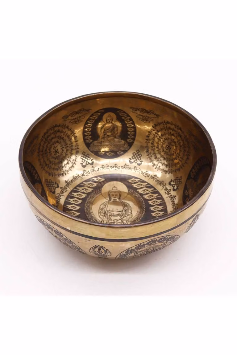 KDMD Tibetan Healing Engraved Bronze Bowl with Five Buddhas, Diameter: 21 cm