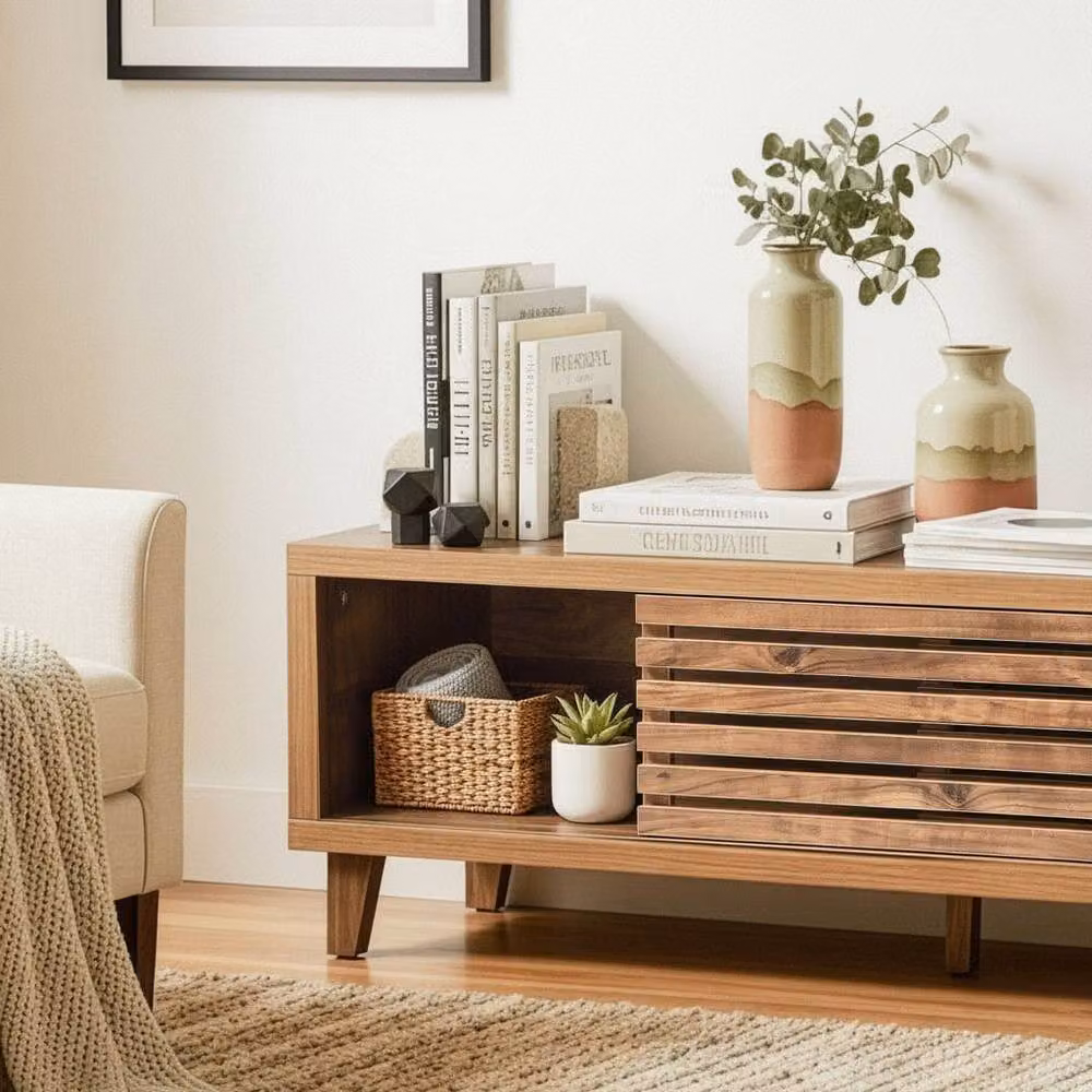 CALICOSY LIAM TV Stand with 2 Sliding Doors and Openwork Slats, Dark Brown, W: 140 cm, D: 35 cm, H: 45 cm – 4