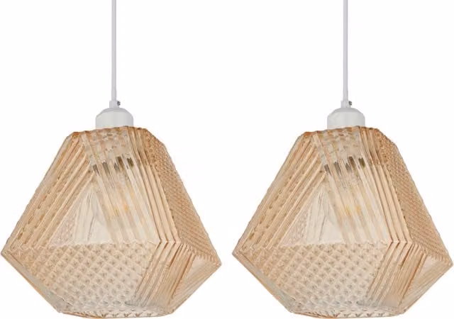 First Choice Lighting Set of 2 Prism Easy Fit Glass Pendant Shades in Champagne Crystal Glass with Gold and Brass Accents