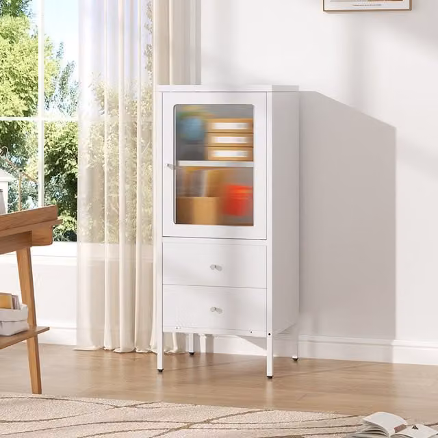 Livingandhome Modern Filing Cabinet with Adjustable Shelves in White and Silver