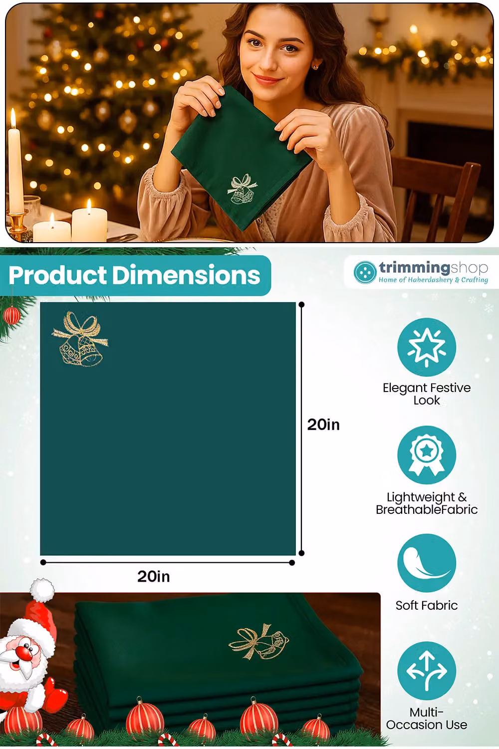 Neel Blue Christmas Table Napkin with Jingle Bell Embroidery in Blue, Red and Green, W/D/H: 50.8 x 50.8 x 50.0 cm – 2
