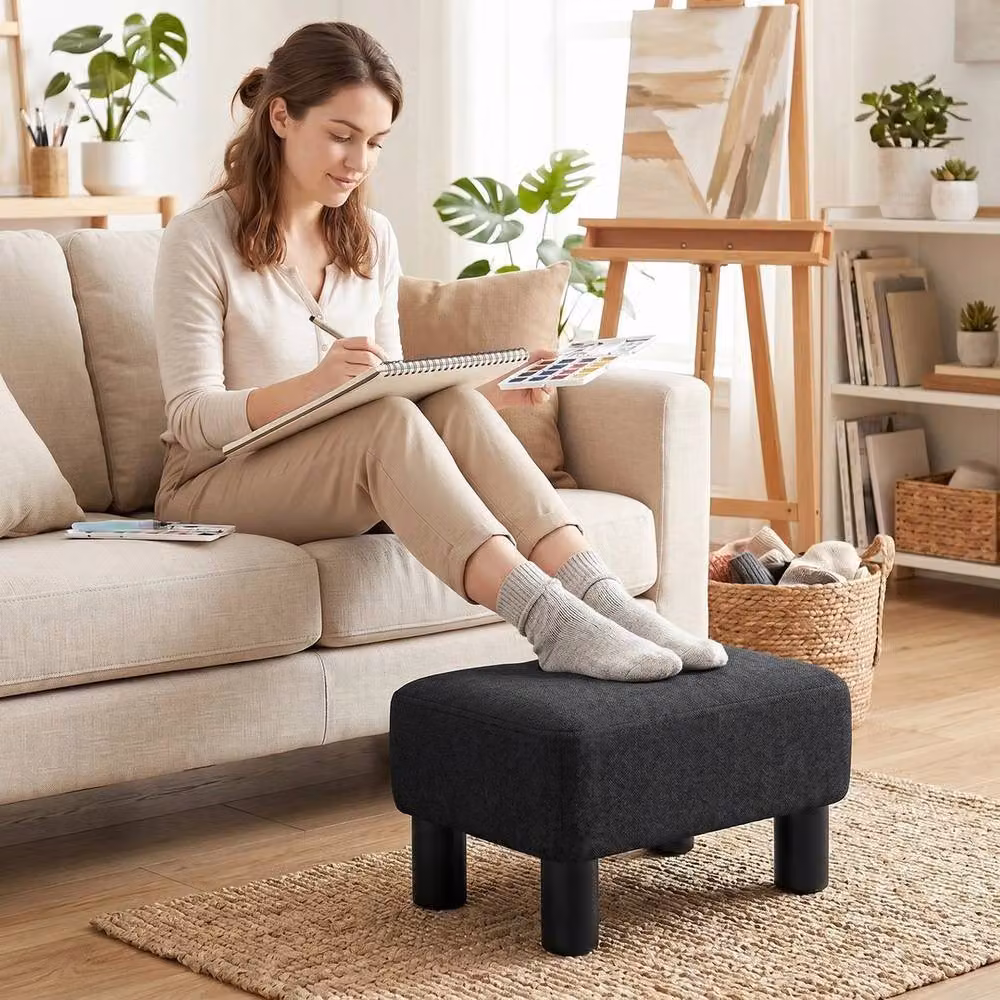FORGEVIO Chic Linen Fabric Foot Stool Ottoman Cube in Black, W/D/H: 40 x 30 x 24 cm – 4