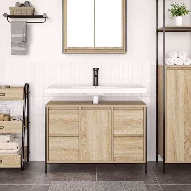 Berkfield Home Decorative Basin Cabinet with Drawers in Sonoma Oak, Light Brown, W/D/H: 90 x 34.5 x 60 cm – 1