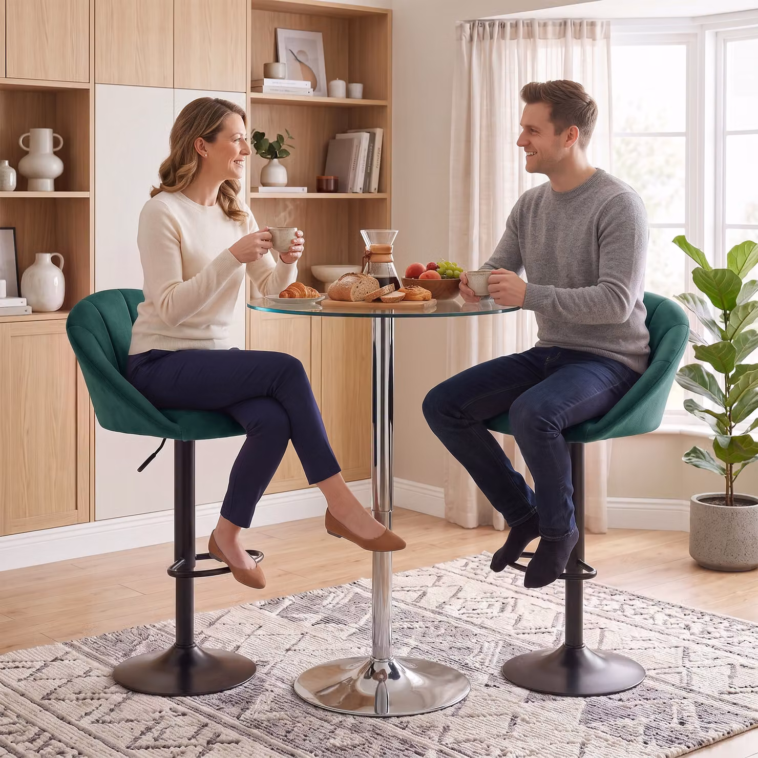 HOMCOM Set of 2 Adjustable Swivel Velvet Bar Stools with Backrest, Dark Green – 6