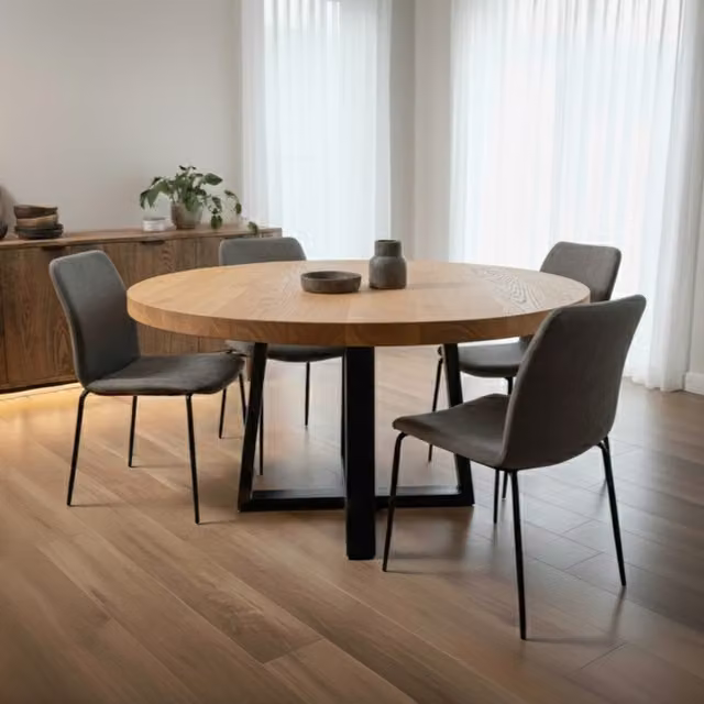 TRL Handmade Furniture Modern Round Oak Dining Table in Brown, Diameter: 140 cm, Height: 76 cm