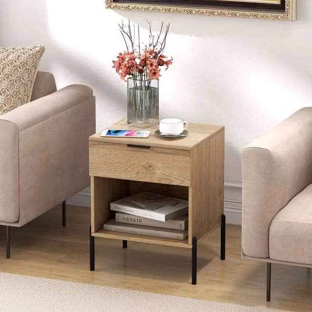 KORVIXA Mid Century Modern Nightstand with Wood Grain and Metal Legs in Brown, W/D/H: 100 x 100 x 100 cm – 1