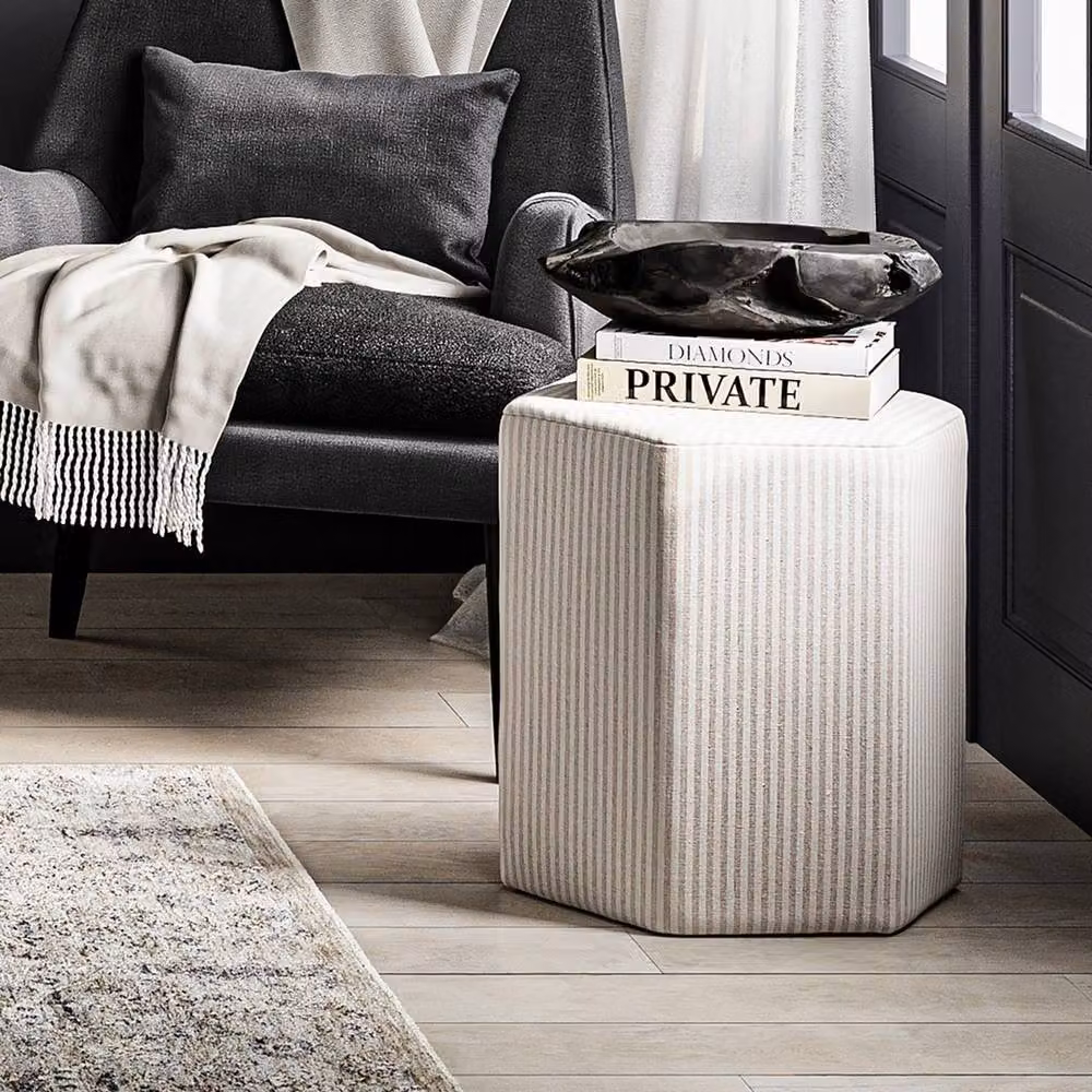 Lemon Pavilion Furniture Harbour Thin Stripe Stool in Beige Cotton Blend, W/D/H: 38.5 x 38.5 x 45.5 cm – 2