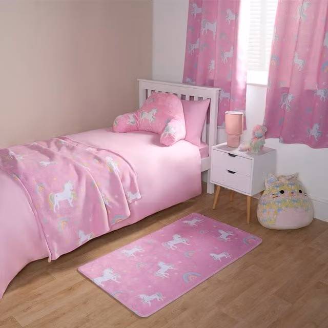 OHS Pair of Kids Unicorn Rainbow Print Blackout Eyelet Curtains, Pink, Width: 117 cm, Height: 182 cm