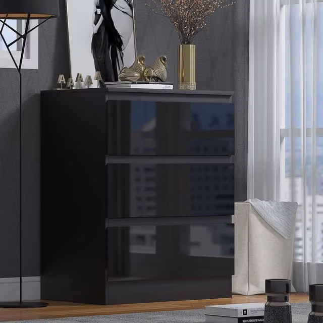 FWStyle Modern Black Gloss 3 Drawer Bedside Table Nightstand