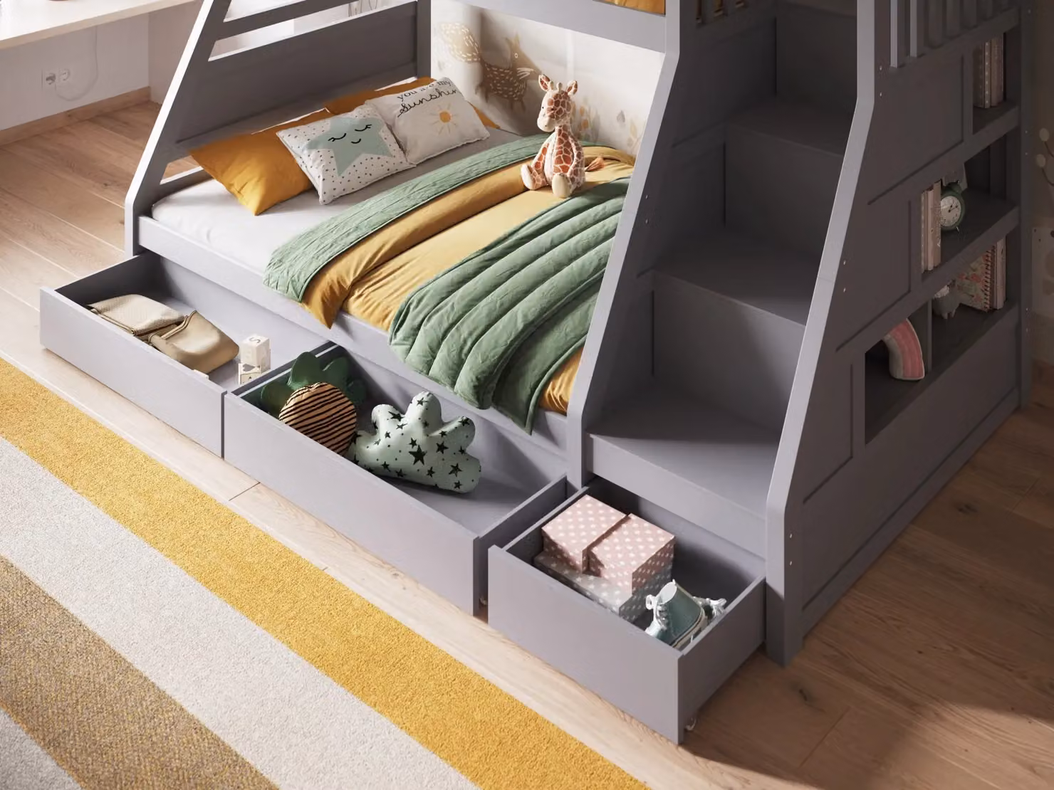Flair Furnishings Lunar Wooden Triple Bunk Bed in Grey with Stairs and Drawers, W/D/H: 200 x 90 x 144.5 cm – 2