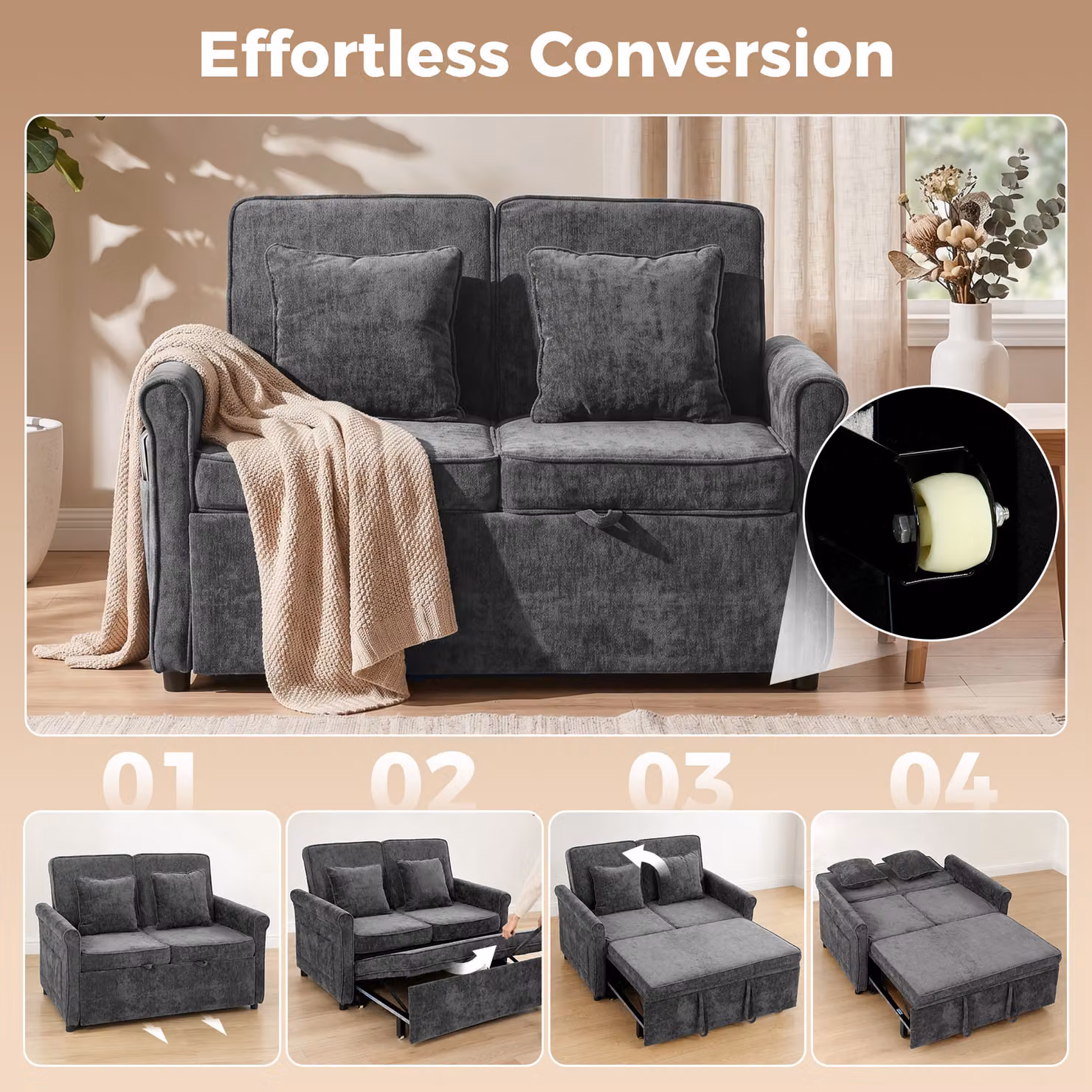 HOMCOM 2 Seater Convertible Chenille Sofa Bed in Grey with 5-Position Adjustable Backrest and Pull Out Sleeper Function, 140 x 190 cm – 4
