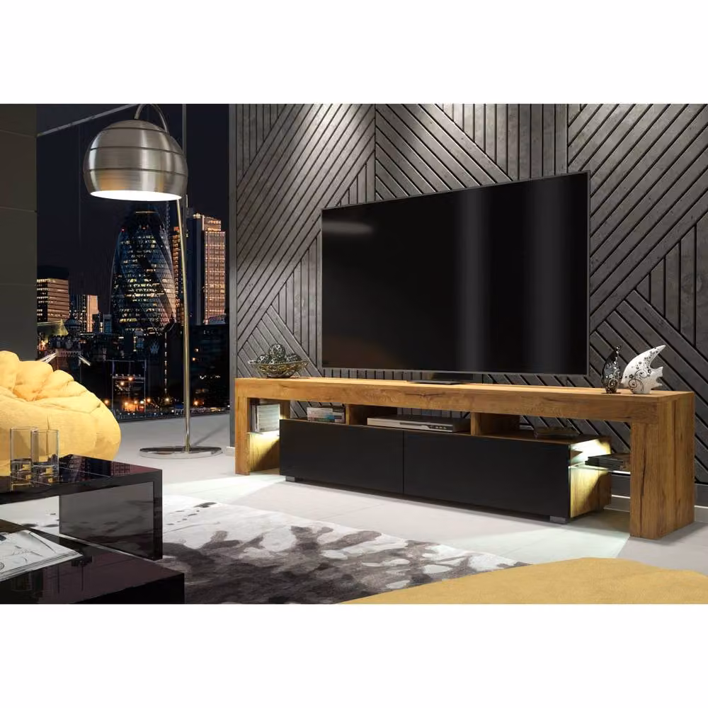 Mex Furniture LTD Nova TV Unit in Dark Oak and Black Matt with LED Lights, W: 200 cm, H: 45 cm, D: 35 cm – 2