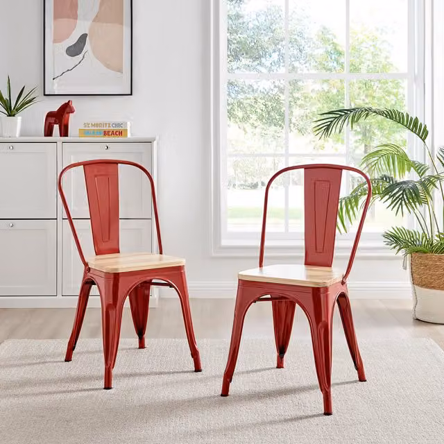 FurnitureboxUK Colton Stackable Tolix Style Industrial Metal Kitchen Dining Chair with Red Wood Seat