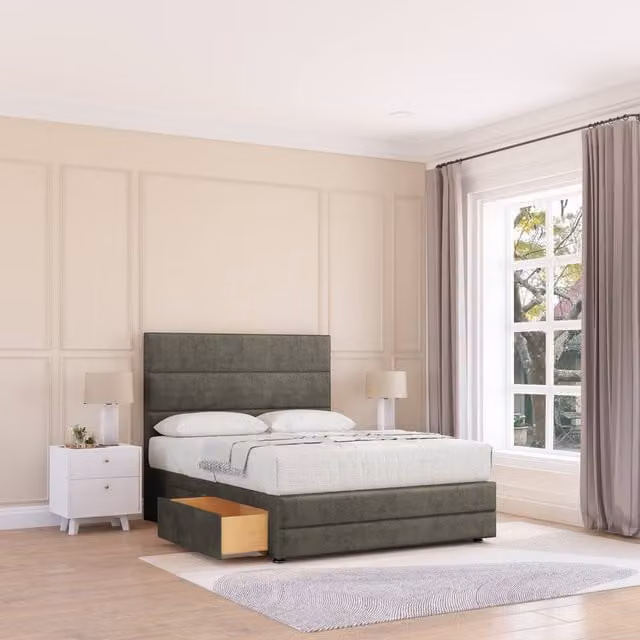 Sloomy Monaco Upholstered Bed Base with 54 inch Floor Standing Headboard and 12 inch Footboard, Light Grey, W/D/H: 200 x 200 x 30.48 cm