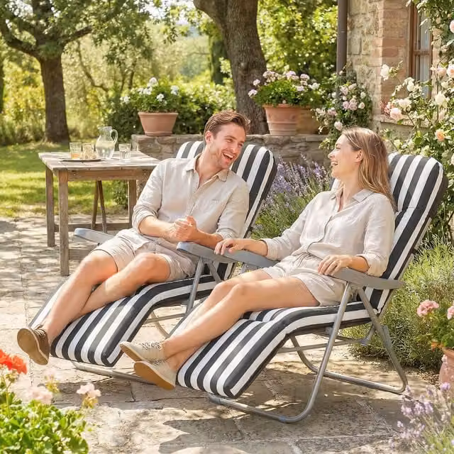 Outsunny Set of 2 Adjustable Sun Lounger Recliners with Armrests in Grey and White Striped Fabric