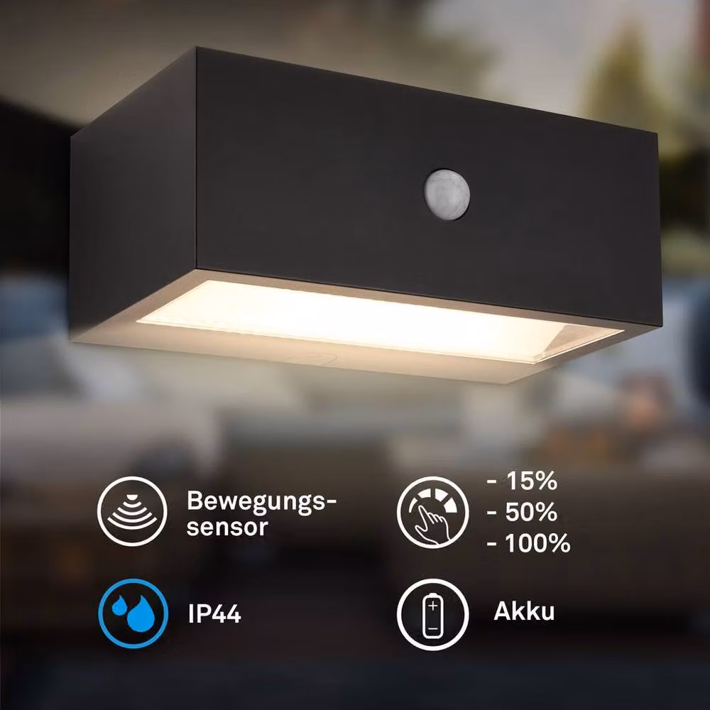 Briloner Black LED Outdoor Wall Light with Motion Sensor and Dusk Sensor, Rechargeable, Dimmable, IP44, W/D/H: 18.5 x 9.5 x 7.5 cm – 2
