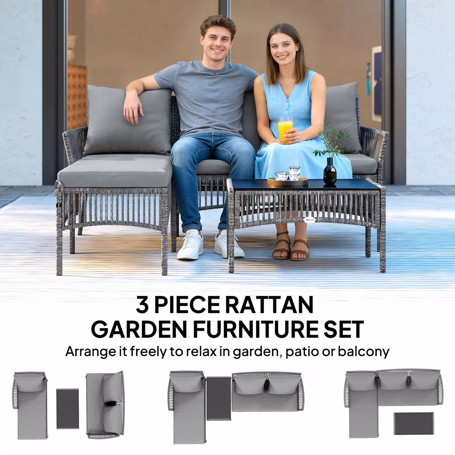 Outsunny 3 Piece Rattan Garden Furniture Set in Dark Grey with Corner Sofa, Loveseat, Chaise Lounge and Glass Coffee Table – 4