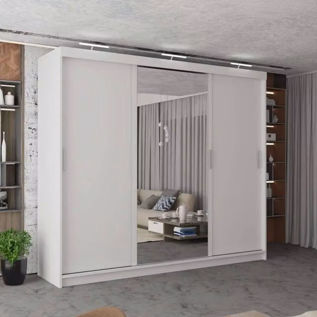 MN Furniture Modern 3 Door Sliding Wardrobe with LED Lighting, Mirror and Internal Drawers, White, Width: 250 cm