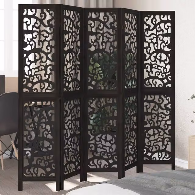 Berkfield Home 5-Panel Room Divider in Black Solid Paulownia Wood – 1