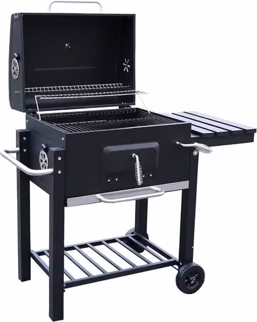 Alivio Black Steel Charcoal Smoker BBQ Grill with Thermometer and Cart