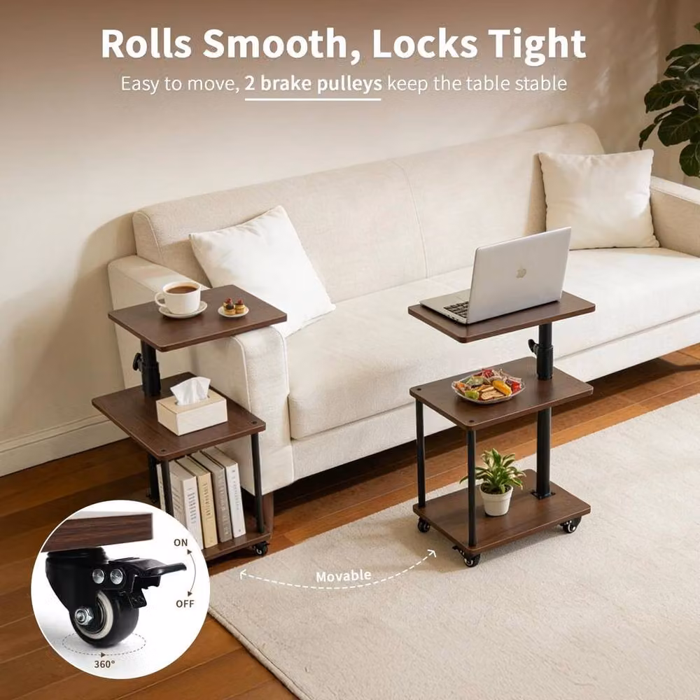 FORGEVIO Adjustable Height Side Table with Castors, Walnut Brown – 4