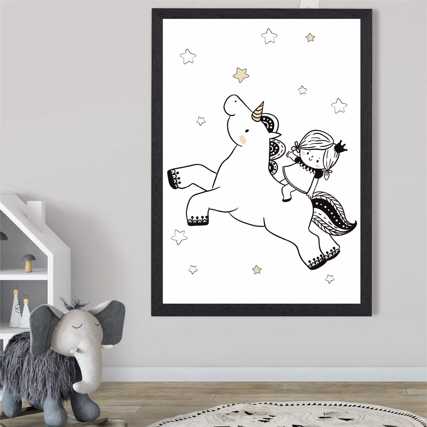 ARTZE Scandi Princess Little & Unicorn Framed Paper Poster in Black, Multicolour, A3 – 2