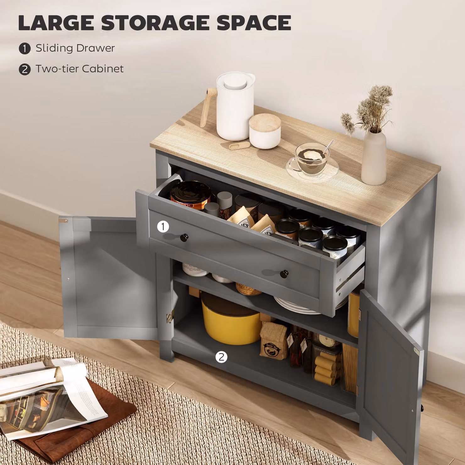 HOMCOM Grey Sideboard Storage Cabinet with Adjustable Shelf and Drawer – 3