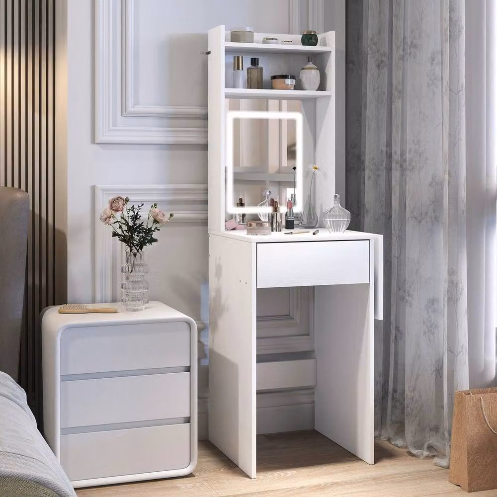 FORGEVIO Compact White Drop Leaf Dressing Table with Hollywood LED Mirror – 2