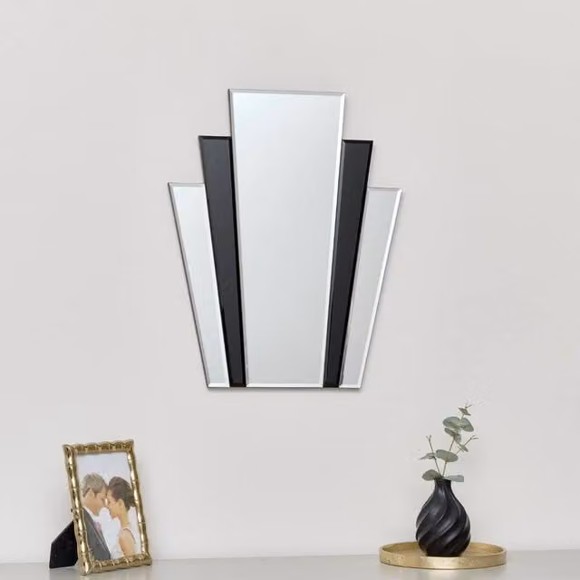 Melody Maison Art Deco Fan Wall Mirror in Black and Transparent Glass, W: 50 cm, H: 40 cm