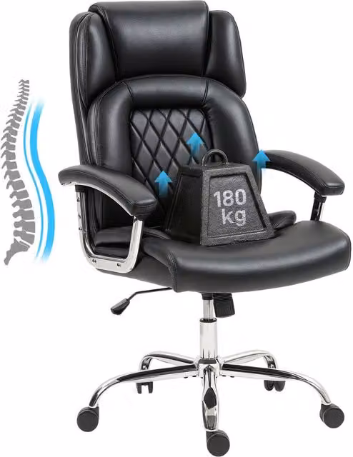 Rolipo Big & Tall Executive Office Chair in Black PU Leather with Spring Cushion, 180 kg Capacity