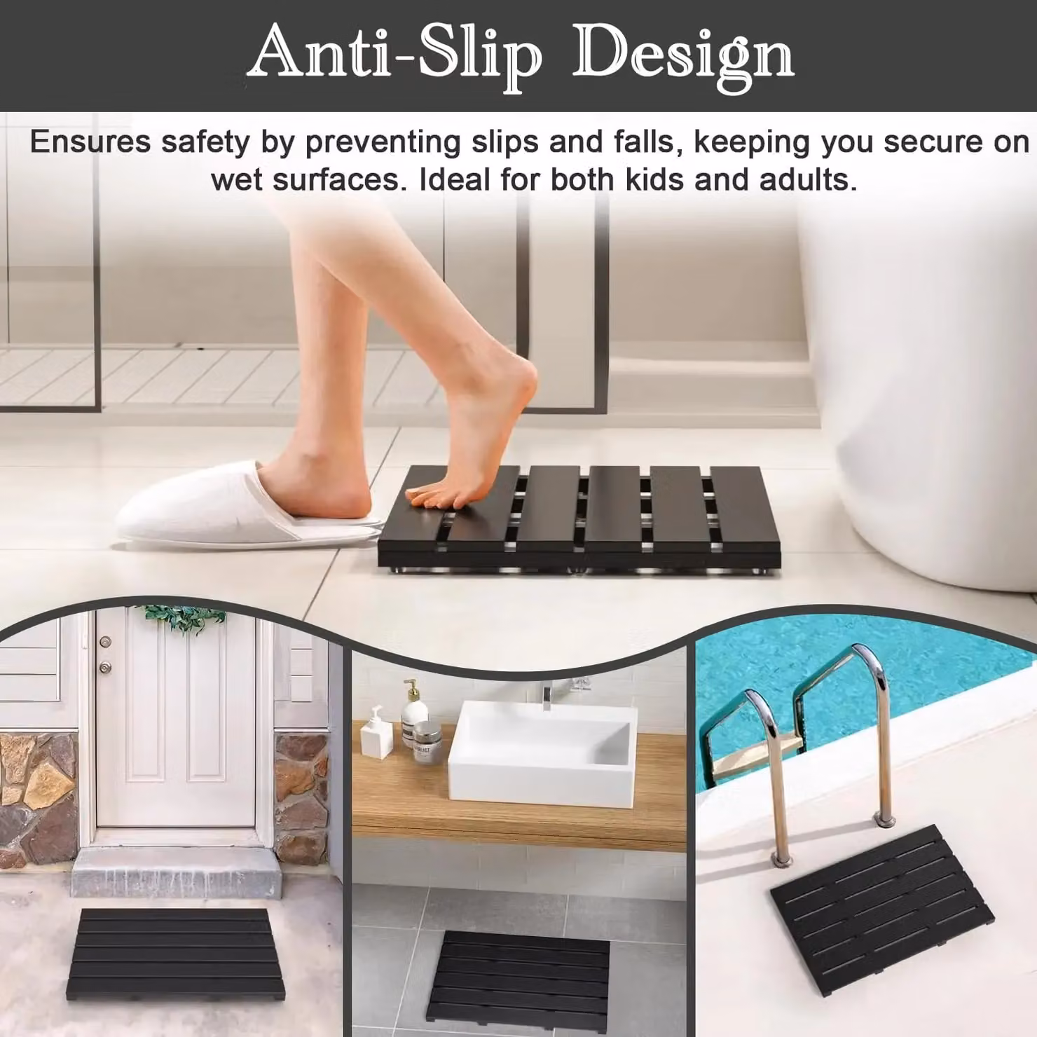 MantraRaj Bamboo Duckboard Anti-Slip Bath Mat, Black, W: 60.0 cm, D: 35.0 cm, H: 3.0 cm – 10