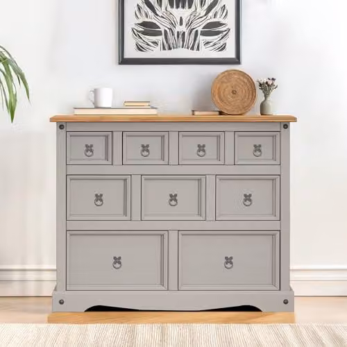 Mercers Furniture Corona 9 Drawer Merchants Chest of Drawers in Grey Waxed Solid Pine, W: 103 cm, D: 46 cm, H: 83 cm