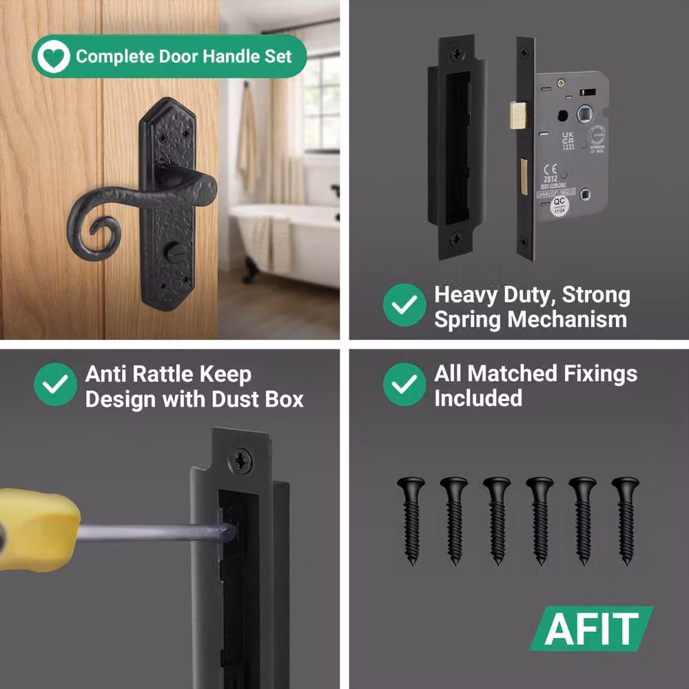 AFIT Black Antique Cast Iron Curly Tail Bathroom Door Handles and Lock, W/D/H: 15 x 15 x 2 cm – 4