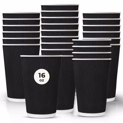 ECONX 500 x Black 16oz Triple Wall Ripple Paper Disposable Insulated Coffee Cups – 1