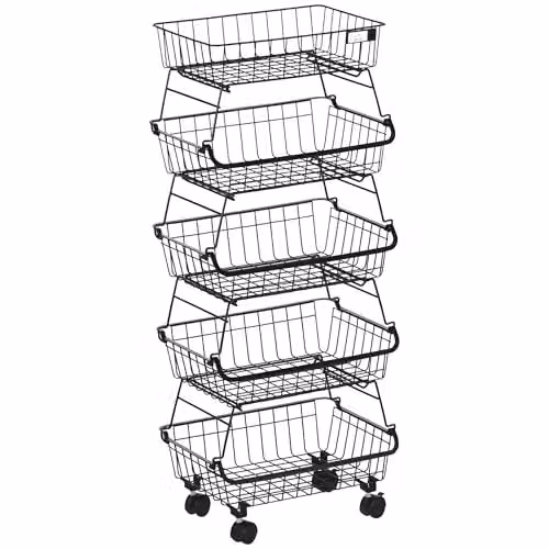 HOMCOM 5 Tier Metal Storage Trolley with Wire Baskets in Black