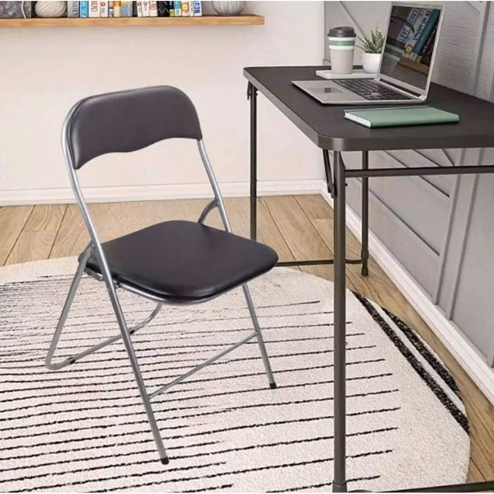 PAWNORA Modern Folding Square Chair in Black Synthetic Leather with Metal Frame – 3