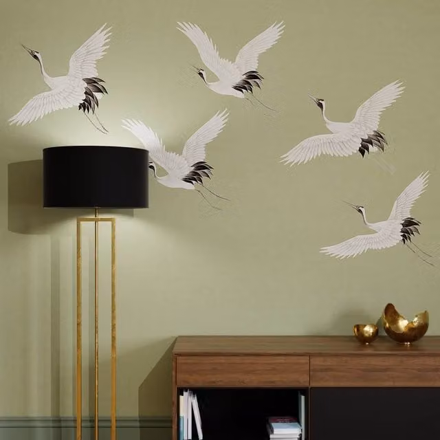 Superfresco Easy Cranes in Flight Sage Green Floral Modern Wall Mural, W: 3 m x H: 2.8 m – 1