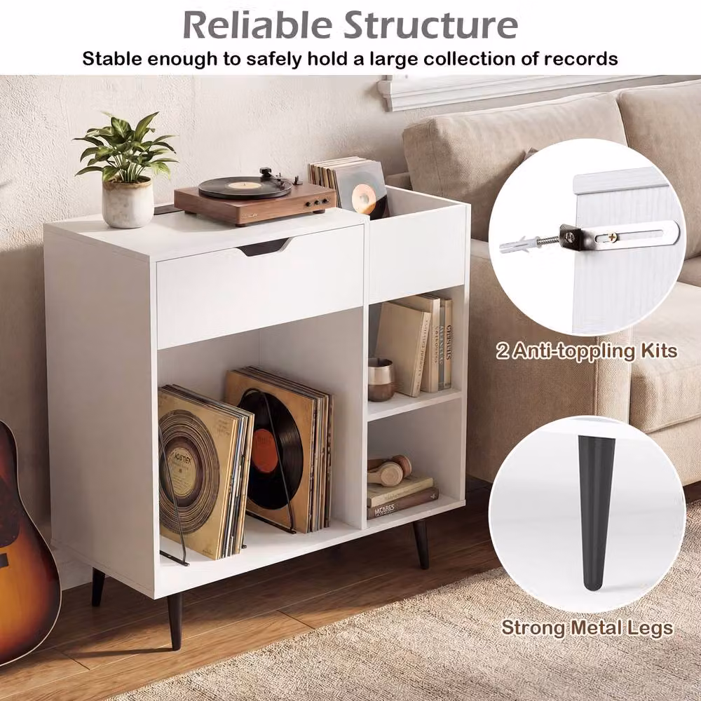 Costway Wooden Record Player Stand and Turntable End Table with Built-In Power Strip in White – 5
