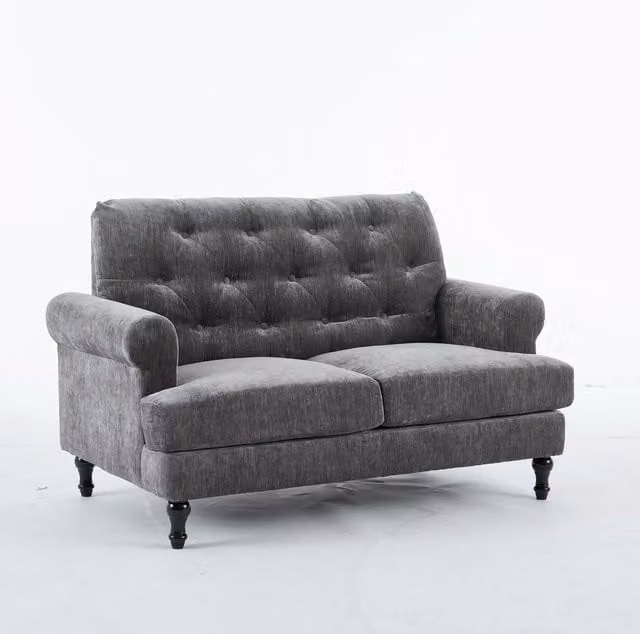 FURNITURE ONE Grey Velvet Button Tufted Chesterfield Loveseat, 2 Seater