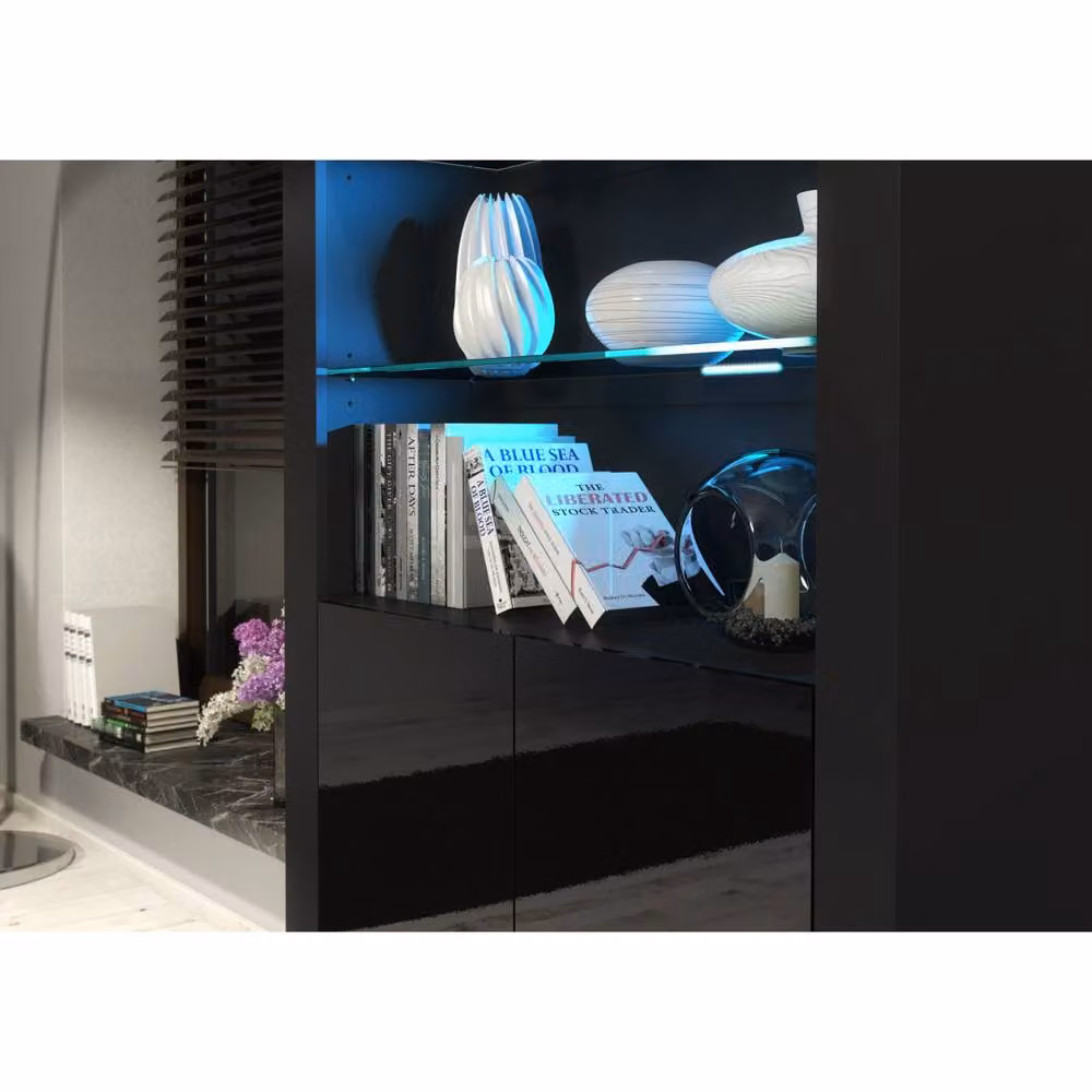 Mex Furniture LTD Spectrum Display Cabinet in Black with Glossy Hinged Doors and LED Lighting, W/D/H: 100 x 35 x 170 cm – 3